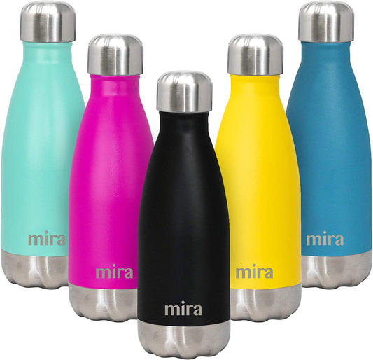 12 Oz Insulated Water Bottle - Slim Stainless Steel Cola Shape Thermo - Double Wall Hot & Cold Flask (24Hr Cold/12Hr Hot) - Black